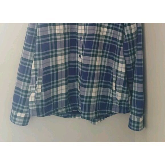 LL Bean Fleece-Lined Flannel Shirt Size Large Blue Shacket Snap-Front Plaid - Picture 3 of 11
